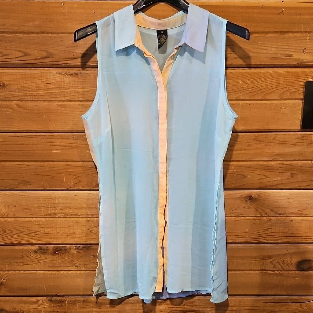 Sheer Pastel Button Up Collared Tunic/ Cover Up size 13 Large